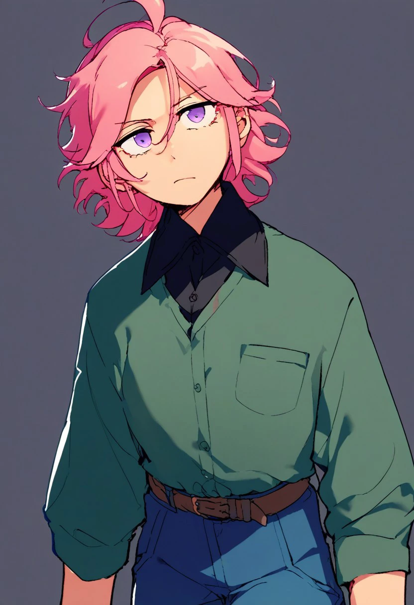 score_9, score_8_up, score_7_up, score_6_up, source_anime, solo,
---------------------
kohaku_oukawaXVI, pink hair, short hair, hair between eyes, ahoge, purple eyes
---------------------
green shirt, collared shirt, black undershirt, brown belt, blue pants