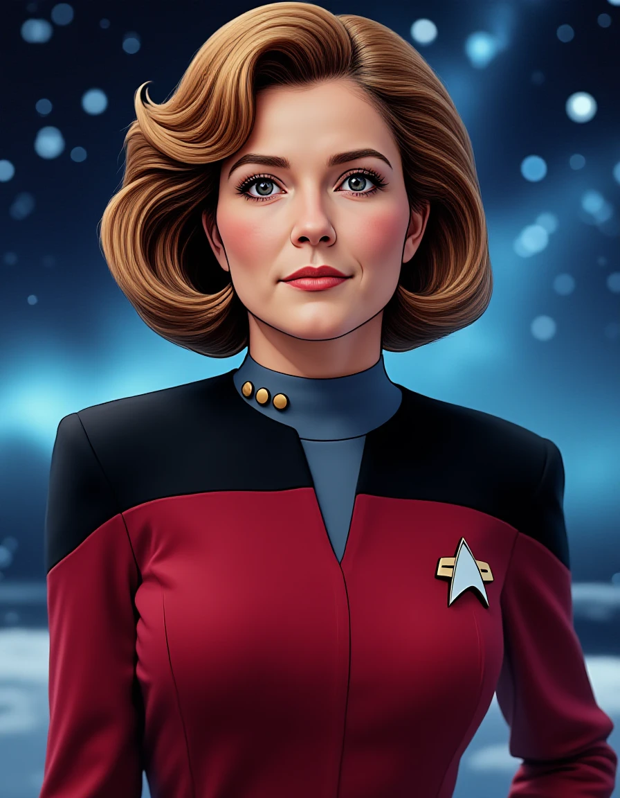 breathtaking  photo of  <lora:janeway-flux:0.8>  captain, kathryn, janeway, star, trek, voyager, with, shirt, uniform, starfleet uniform,40 years old  woman, futuristic background, space-themed imagery , manga, (anime:1.2), (Studio ghibli style, Art by Hayao Miyazaki:1.2), Anime Style, Manga Style, Hand drawn, cinematic, Sharp focus, humorous illustration, big depth of field, Masterpiece, concept art, trending on artstation, Vivid colors, Simplified style, trending on ArtStation, trending on CGSociety, Intricate, Vibrant colors, Soft Shading, Simplistic Features, Sharp Angles, Playful