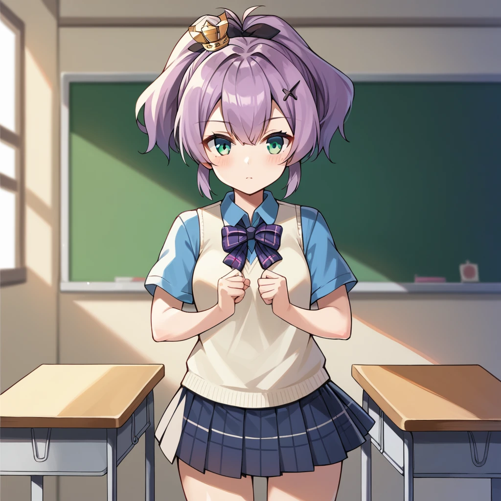 score_9_up, score_8_up, score_7_up, source_anime, masterpiece, best quality, 1girl, solo, Javel_Azur, Jav_Uniform, sun light, classroom standing, looking at you, javelin (azur lane), purple hair, green eyes, ponytail, hairclip, mini crown, black ribbon, vest, blue shirt, collared shirt, plaid bow, purple bowtie, short sleeves, plaid skirt, pleated skirt, dynamic cowboy shot, indoors, classroom background