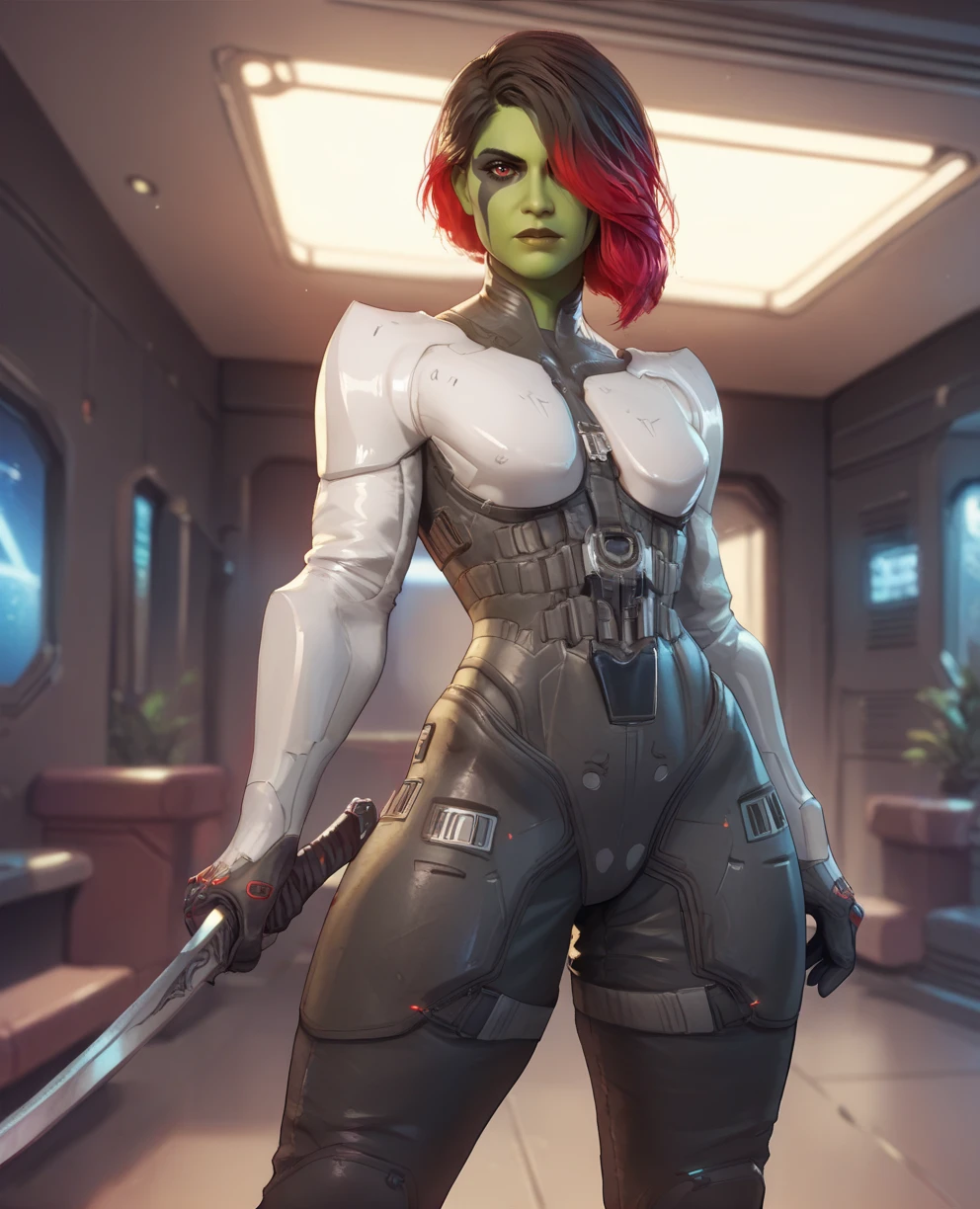 score_9,score_8_up,score_7_up,score_6_up,
Gamoraxl,multicolored hair,red eyes,hair over one eye,
black and white bodysuit,holding sword,
science fiction,spaceship,indoors,
looking at viewer,<lora:GamoraXL:0.8>,