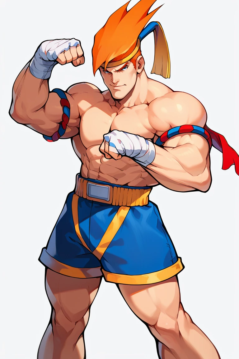 score_9, score_8, score_7, Adon_SFA, 1guy, orange hair, headband, shorts, flexing muscles,score_6_up,source_anime<lora:EMS-463354-EMS:1.000000>