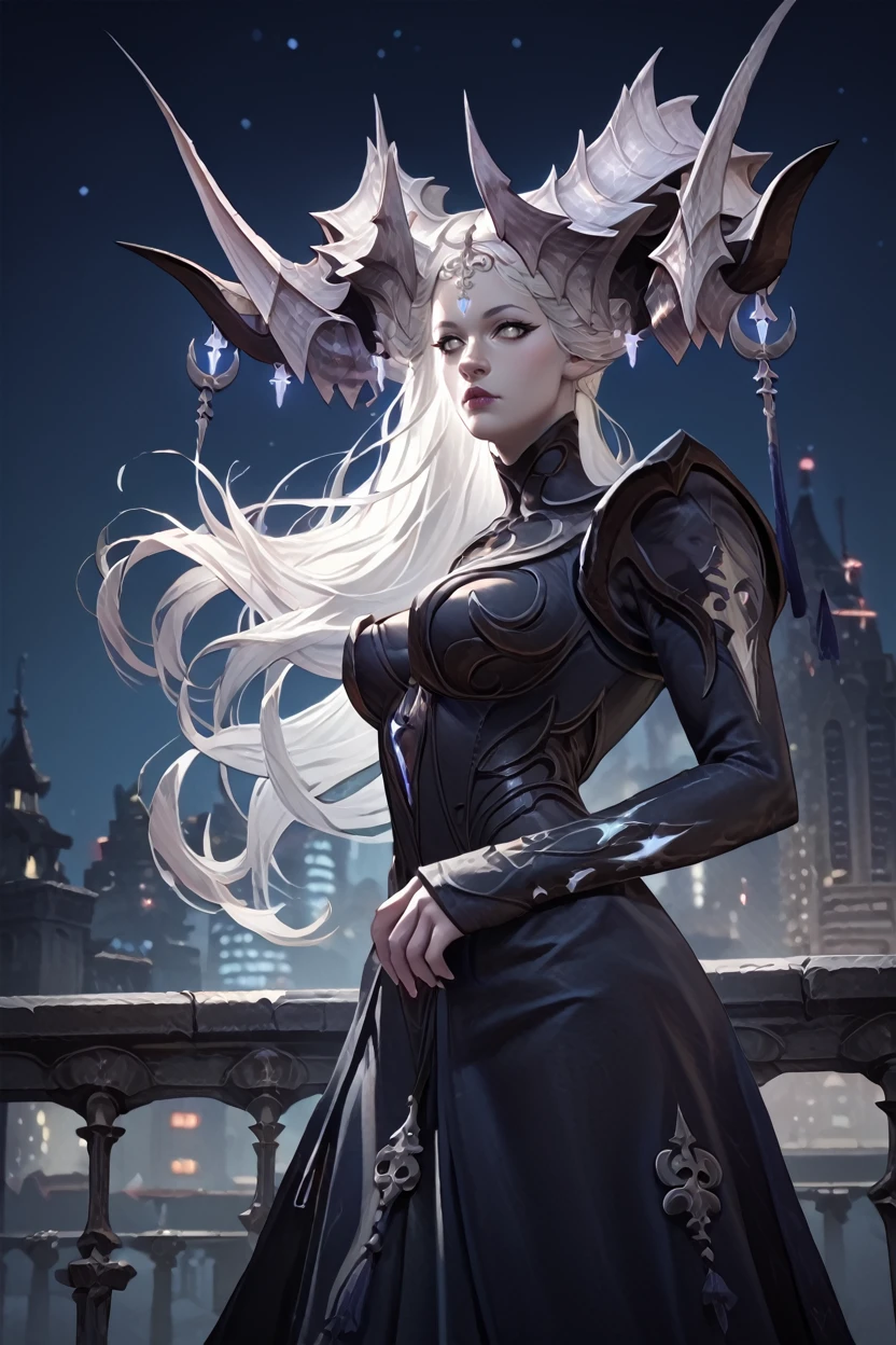 score_9, score_8_up, score_7_up
<lora:LABrelshaza:1.0>
LABrelshaza, 1girl, white hair, white eyes, demon horns, long hair, looking at viewer, standing on a rooftop at night, city lights twinkling below, wind gently blowing hair, starry sky above, mysterious and enchanting ambiance