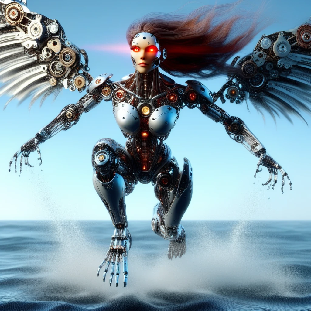 humanoid robot, 1girl, in mid-flight with mechanical wings outstretched, intricate wings designed with interlocking metallic feathers, robot joints visible throughout, full body view, realistic mechanical parts and details, solo figure, long flowing brown hair, strands flying back with the motion, glowing red eyes emitting a focused light, defined nose and lips, neutral facial expression, subtle glowing effect from facial plates, clearly defined breasts with mechanical detailing, mechanical arms extended outward, multiple hands with fingers spread, showcasing the complexity of mechanical fingers, powerful mechanical legs bent as if ready to land, mechanical feet without shoes, standing barefoot on the surface of the ocean, water splashing around from the impact, set against a backdrop of the open ocean, dramatic cloud formations in the sky, the setting sun casting a warm glow over the scene, blending advanced robotics with natural beauty, emphasizing the contrast between technology and nature, highlighting the elegance and power of the robotic figure