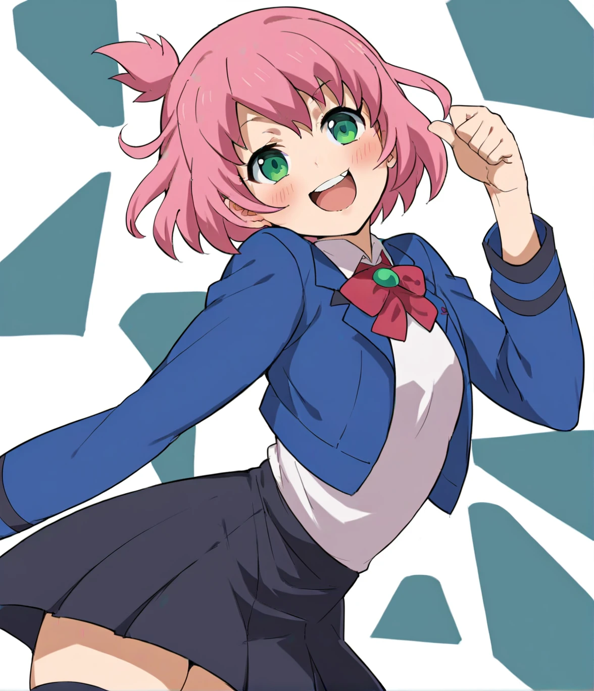 score_9, score_8_up, score_7_up,source_anime, <lora:CHARACTER_momoka:1>
(momoka), 
pink hair, short hair, hair between eyes, green eyes,
1girl, solo, (teen), 
school uniform, blue jacket, long skirt, black thighhighs, 
cute_pose,
open mouth, smug, blush,
simple background, white background, uncensored