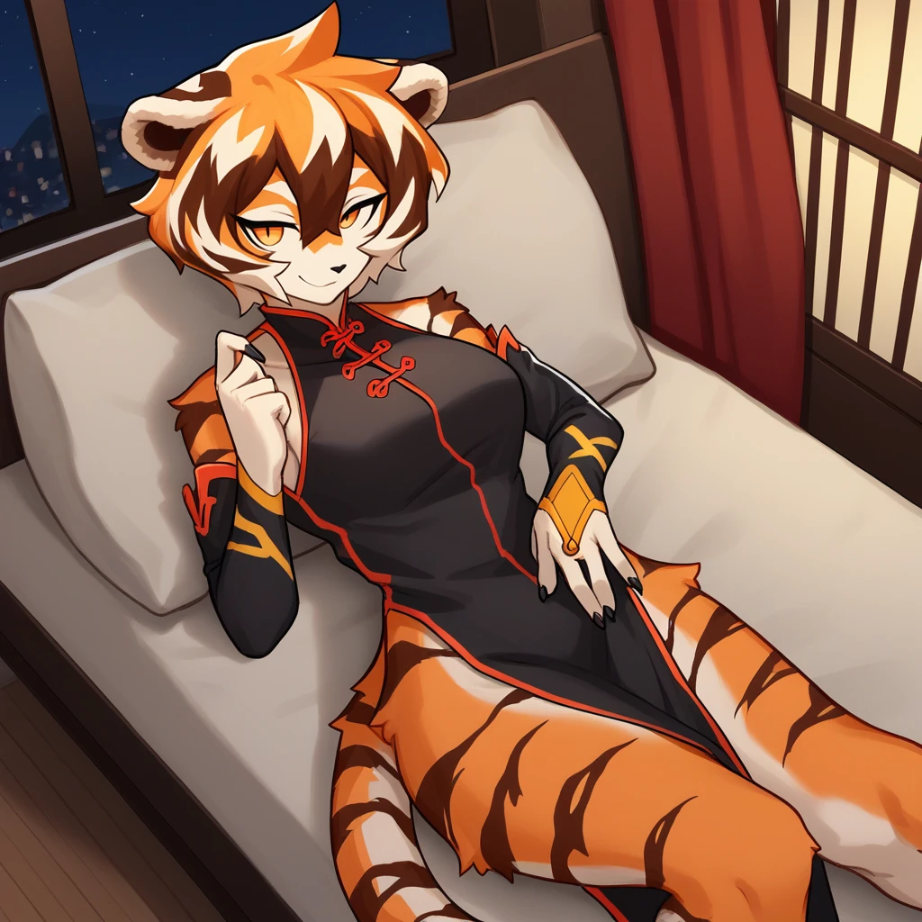 score_9, score_8_up, score_7_up, score_6_up, score_5_up, score_4_up, zPDXL2,source_furry,rating_questionable, 1girl, indoors, night time,lying on back, lounging, half lidded eyes, red qipao, smile <lora:Waai_Fu_-_Arknights:0.8>waaifu_arknights, furry female, tiger ears, orange hair, tiger girl, short hair, multicolored fur, tiger tail,