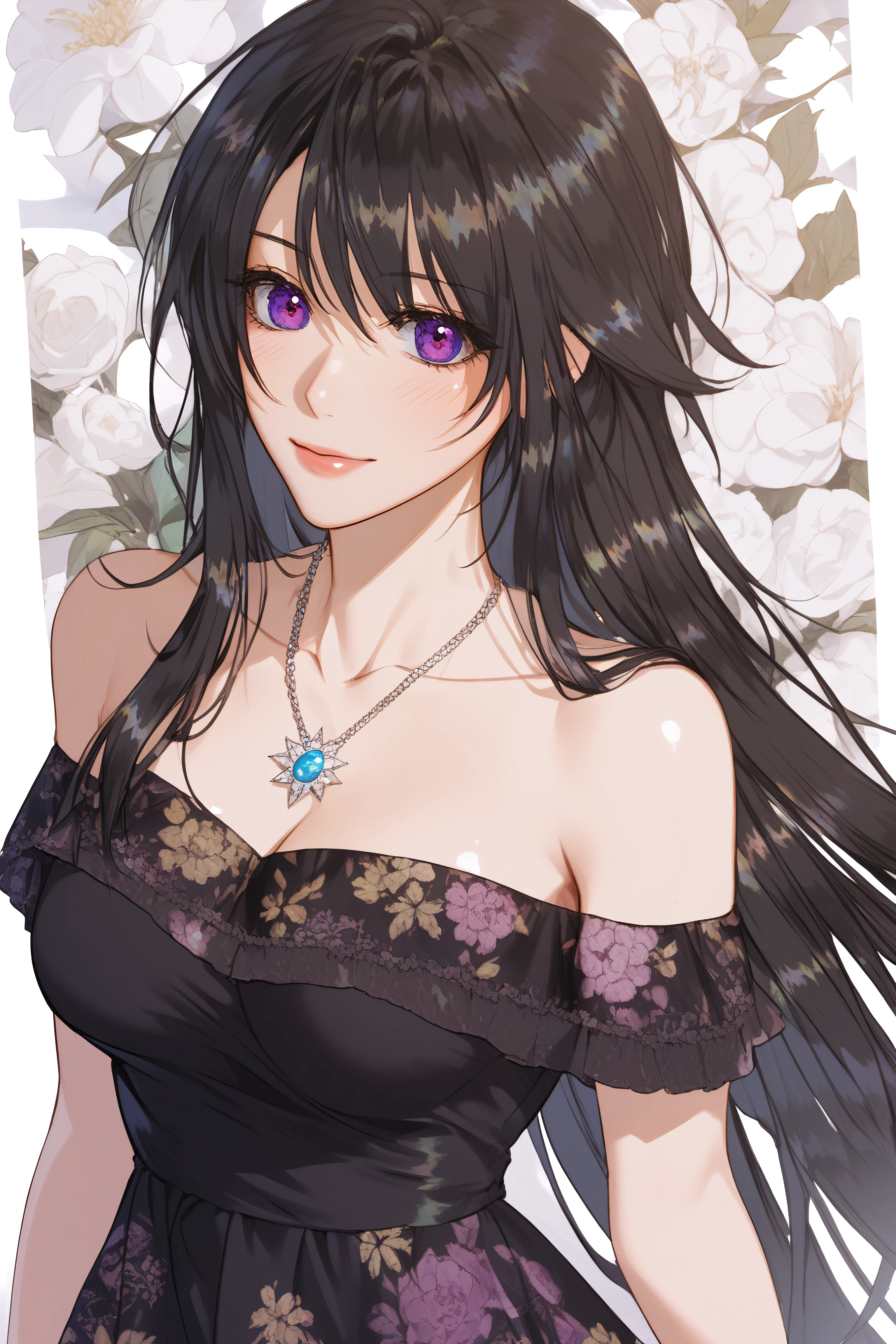 score_9, score_8_up, score_7_up, BREAK source_anime, <lora:Rainelle-PonyXL-lora-Faxtron:1> rainelle, purple eyes, black hair, long hair, shiny hair, medium breasts, necklace, black dress, bare shoulders, floral print, collarbone,