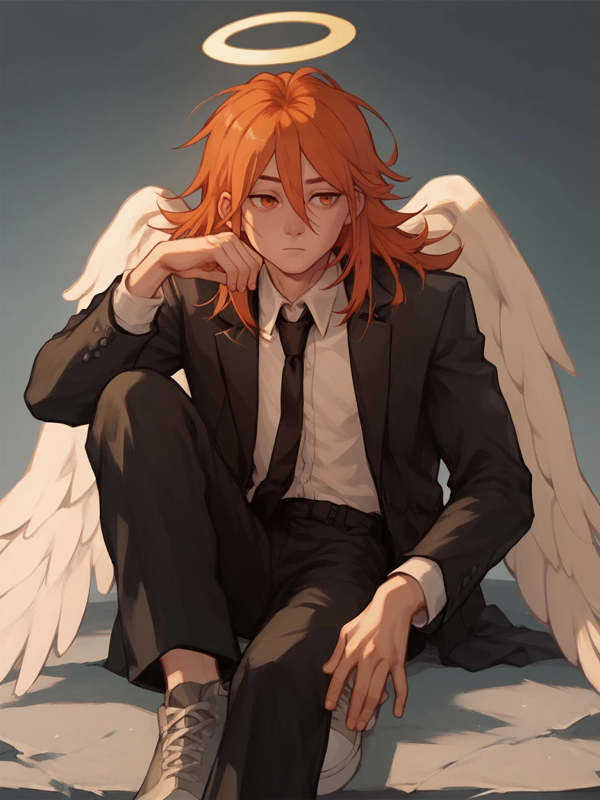 score_9, score_8_up, score_7_up, score_6_up, score_5_up,    <lora:4ng3ld3v1lXLP:1> 1boy, halo, 4ng3ld3v1l, orange hair, angel wings, suit, black necktie