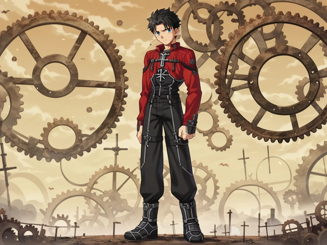 1boy, solo, male focus, fujimaru ritsuka \(male\), bodysuit, short hair, black hair, blue eyes, outdoors, gears, full body, planted sword, looking at viewer,  <lora:Fate_VN:1>, score_9, score_8_up, score_7_up, score_6_up, score_5_up, score_4_up, BREAK source_anime, masterpiece