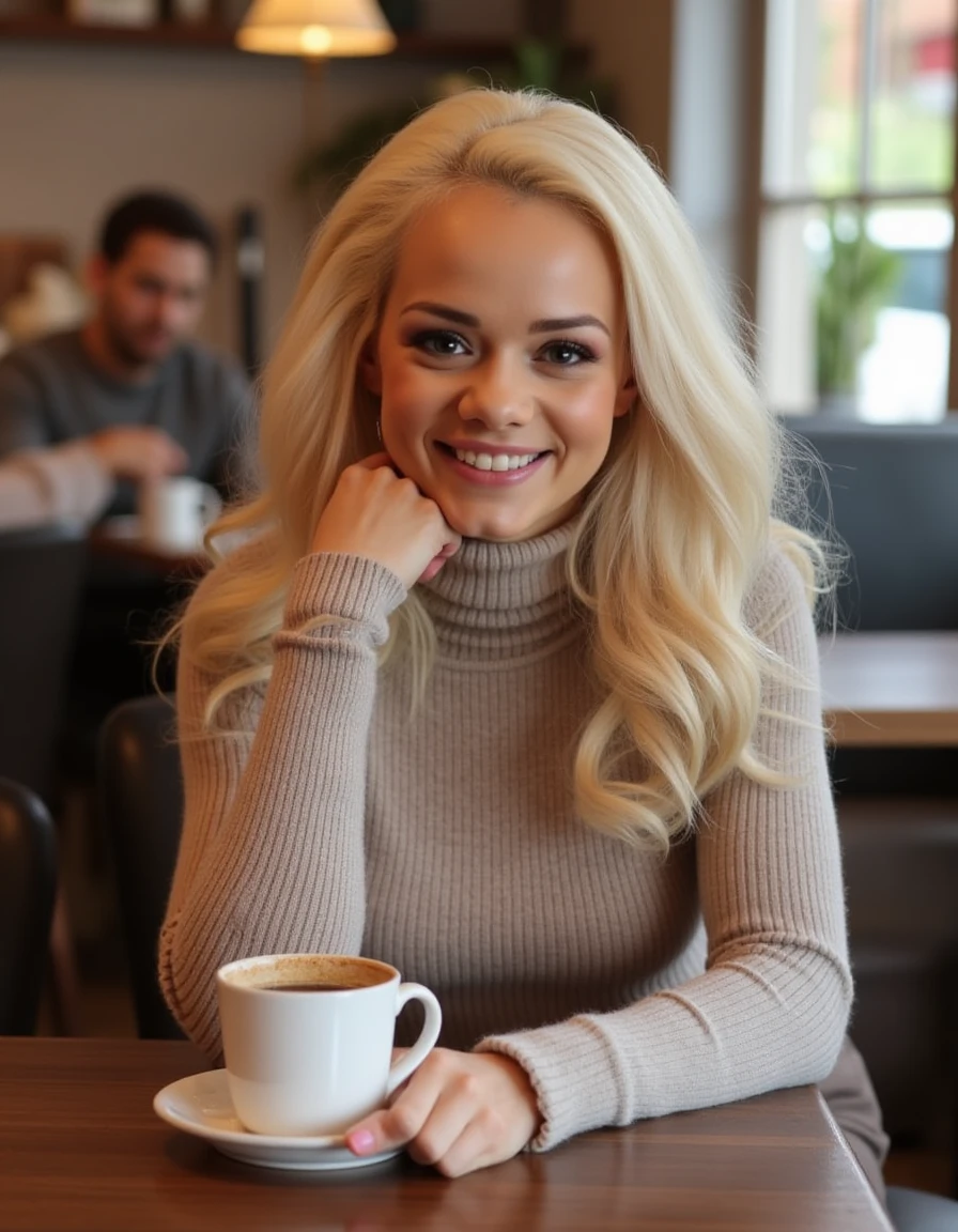 <lora:Elsa_Jean_Flux:1> realistic photo of  elsajean,  blonde,  makeup, wearing a turtleneck sweater dress, sitting in a cafe having a coffee, smiling, looking at viewer.