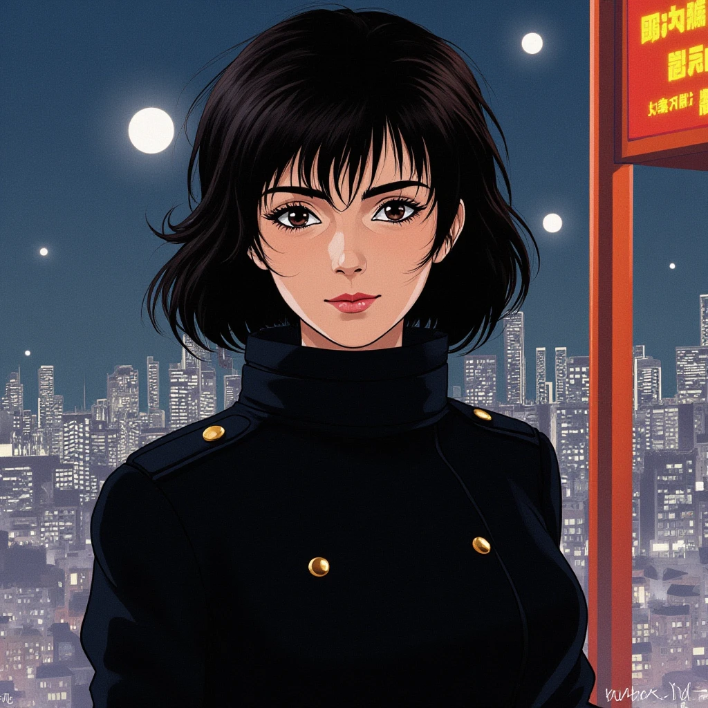 ((Retro 90s Anime style illustration)) drawing of a closeup on face of woman wearing a long black trench-coat futuristic city in the background in the style of the 90s anime Akira.  <lora:Emma_Watson-000052:1>