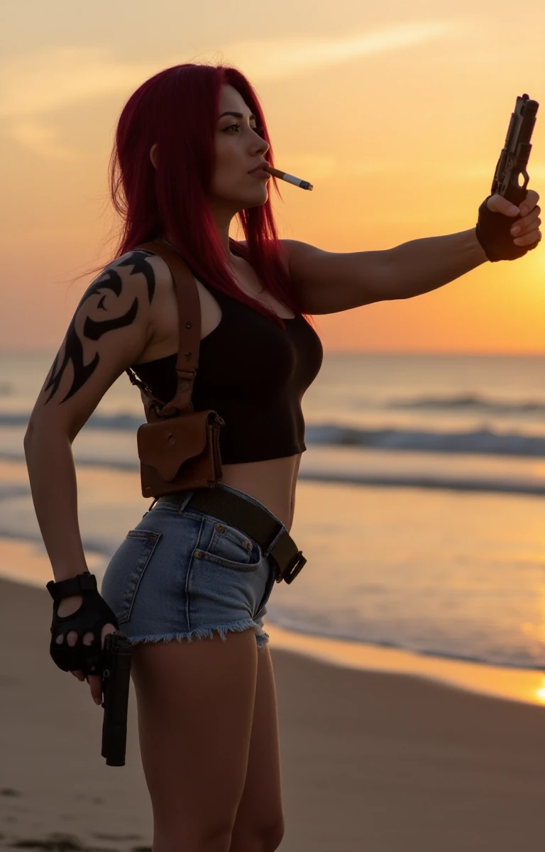 Revy, a woman with burgundy hair color, a black top, denim shorts and a gun in a holster, tattoo, army boots,  is holding a cigaret and aims a gun on the beach at sunset  <lora:Revy:0.8>