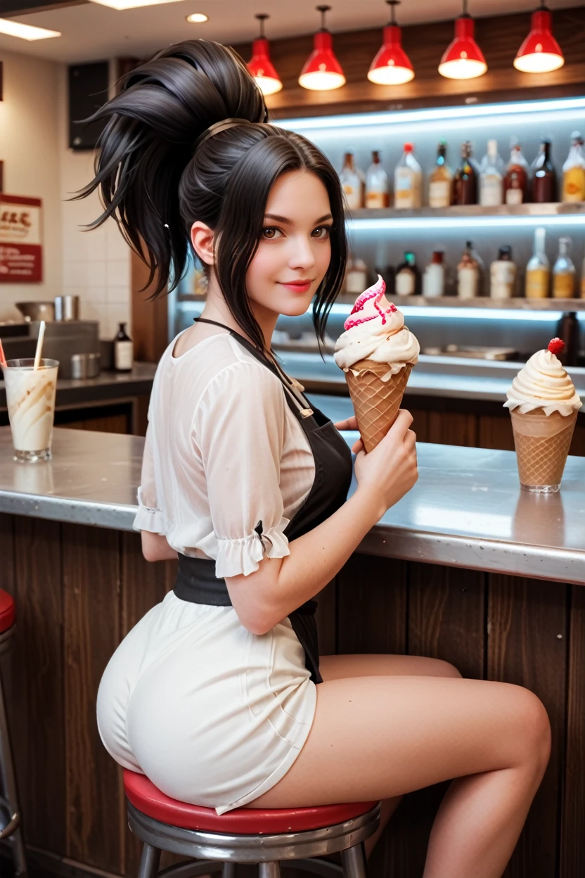 score_9, score_8_up, score_7_up, score_6_up
<lora:LABlackf:1.0>
LABlackf, 1girl, black hair, brown eyes, ponytail, looking at viewer, looking at viewer, smiling, sitting, on stool, inside diner, counter, holding ice cream cone