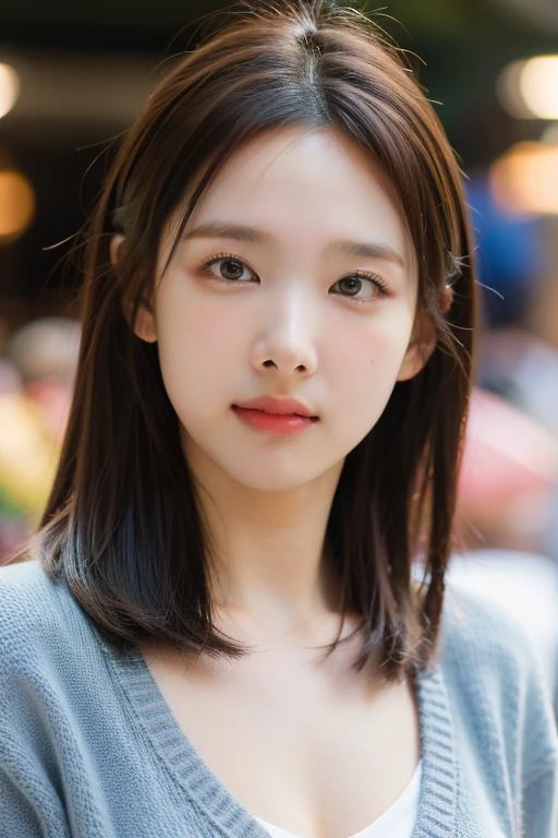 masterpiece, best quality, ultra-detailed, ultra high res, (photorealistic:1.4), raw photo, (realistic:0.2), 8k HDR, realistic lighting, looking at viewer, 1girl, solo, asymmetrical hair, outdoor, sky, (traditional market:1.2), bokeh, (detailed lips), (detailed pores), (detailed skin textures), (detailed face:1.2), (body:1.2), a woman portrait in a cardigan, cowboy shot, thigh gap,