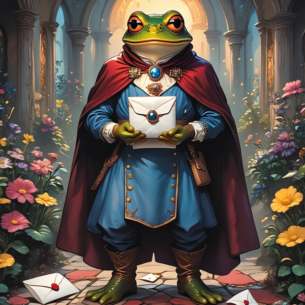 score_9, score_8_up, score_7_up, score_6_up, score_5_up, score_4_up,  <lora:WonderlandPony_r1:1> ArsMJStyle, Wonderland, The image shows a frog wearing a red cape and holding a book in its hands standing on a carpeted floor surrounded by plants with flowers pillars and a wall in the background., cape, flower, frog, solo, boots, letter, weapon, envelope, no humans, gloves, 1boy, male focus