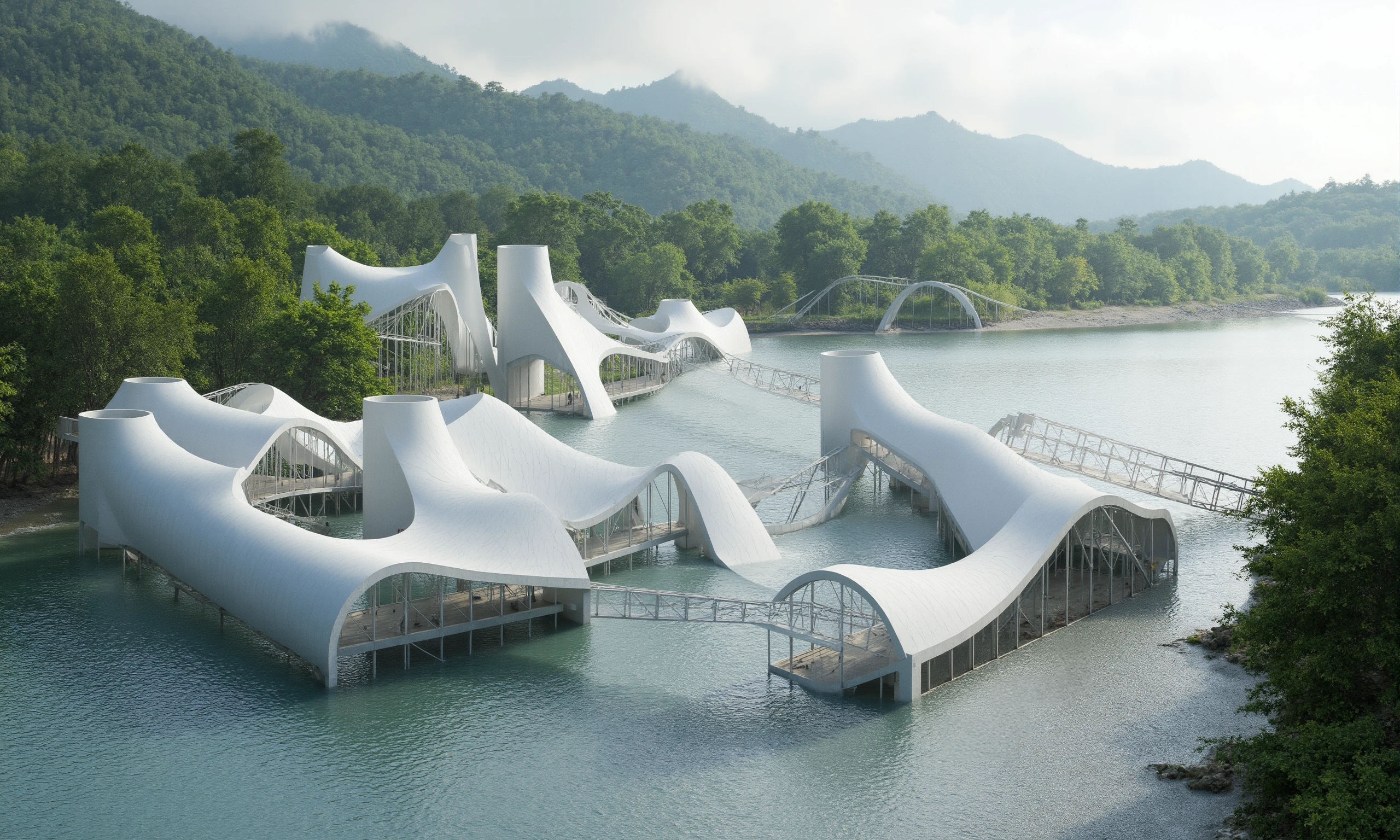 Interconnected with bridges science lab build from organic shape and cylindrical units, parametric design, ceramic 3D printed white materials. Stands as a masterpiece of modern architecture. Located at the mouth of the river with trees and greenery along its banks. Rainy day 