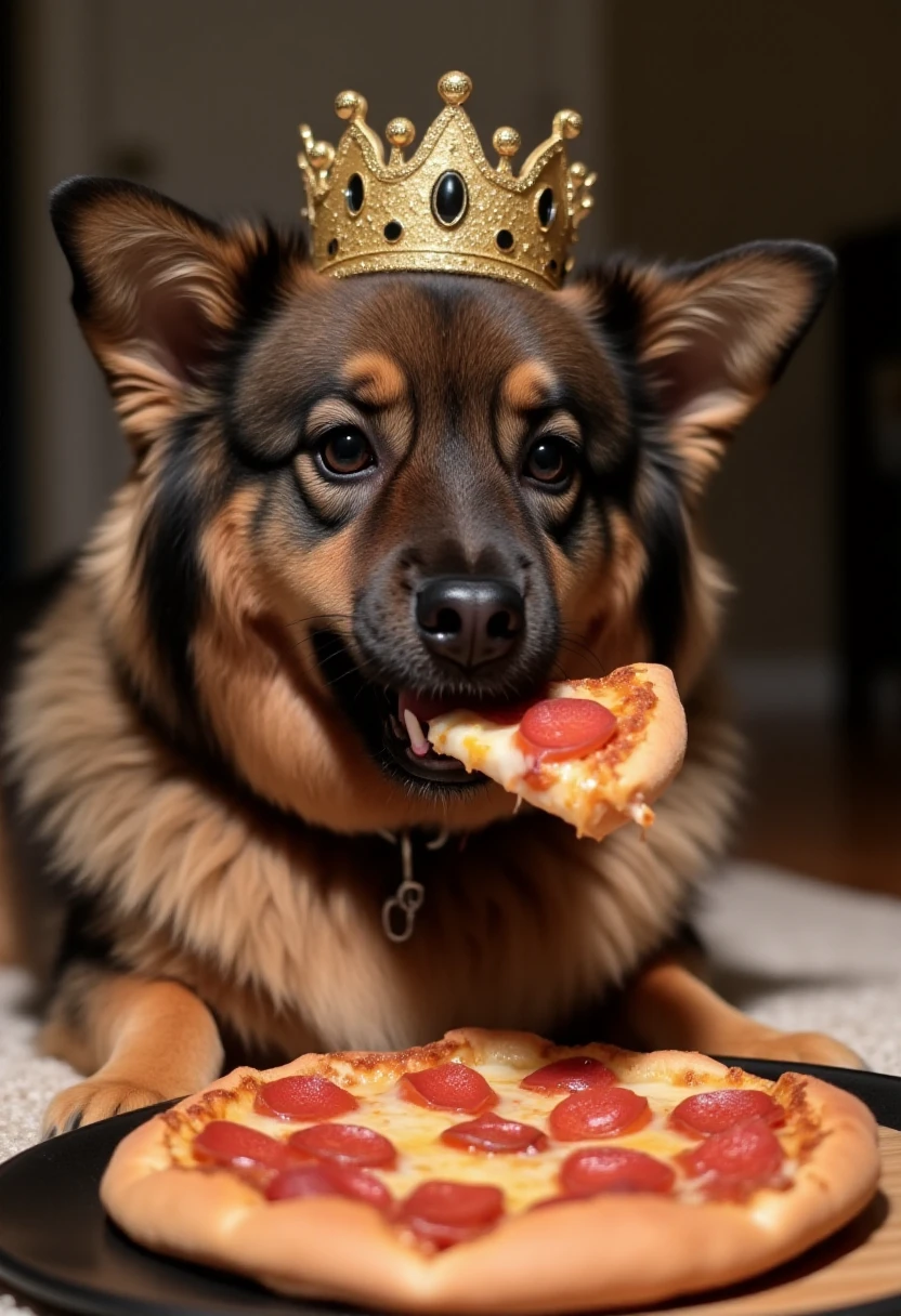 liathedog eating a pizza while wearing a royal crown <lora:Lia_-_My_Dog_F1D_r1:1.5>