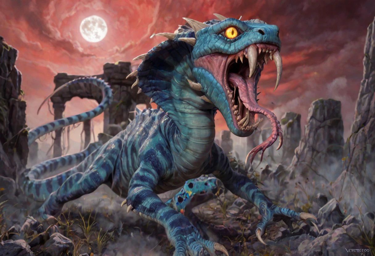 score_9, score_8_up, score_7_up, cinematic lighting, realistic, Vertigo, crazy, cobra, dinosaur, claws, horns, yellow eyes, snake tongue, striped body, scaled body, fangs, claws, stinger tail, glowing eyes, red sky, full moon, stonehenge, fog, from above