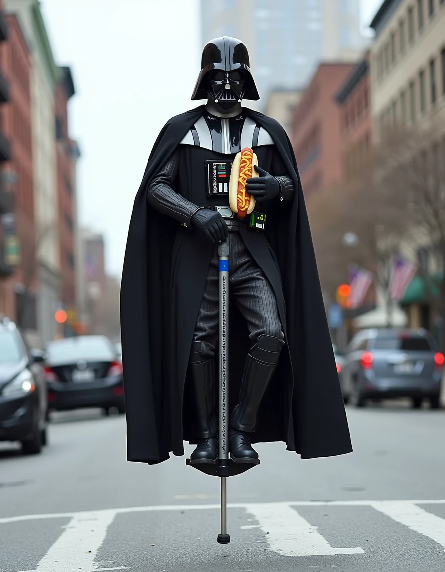 <lora:Jumping_on_a_pogo_stick_Flux:1> Darth Vader jumping on a pogo stick down a busy street, eating a hotdog.