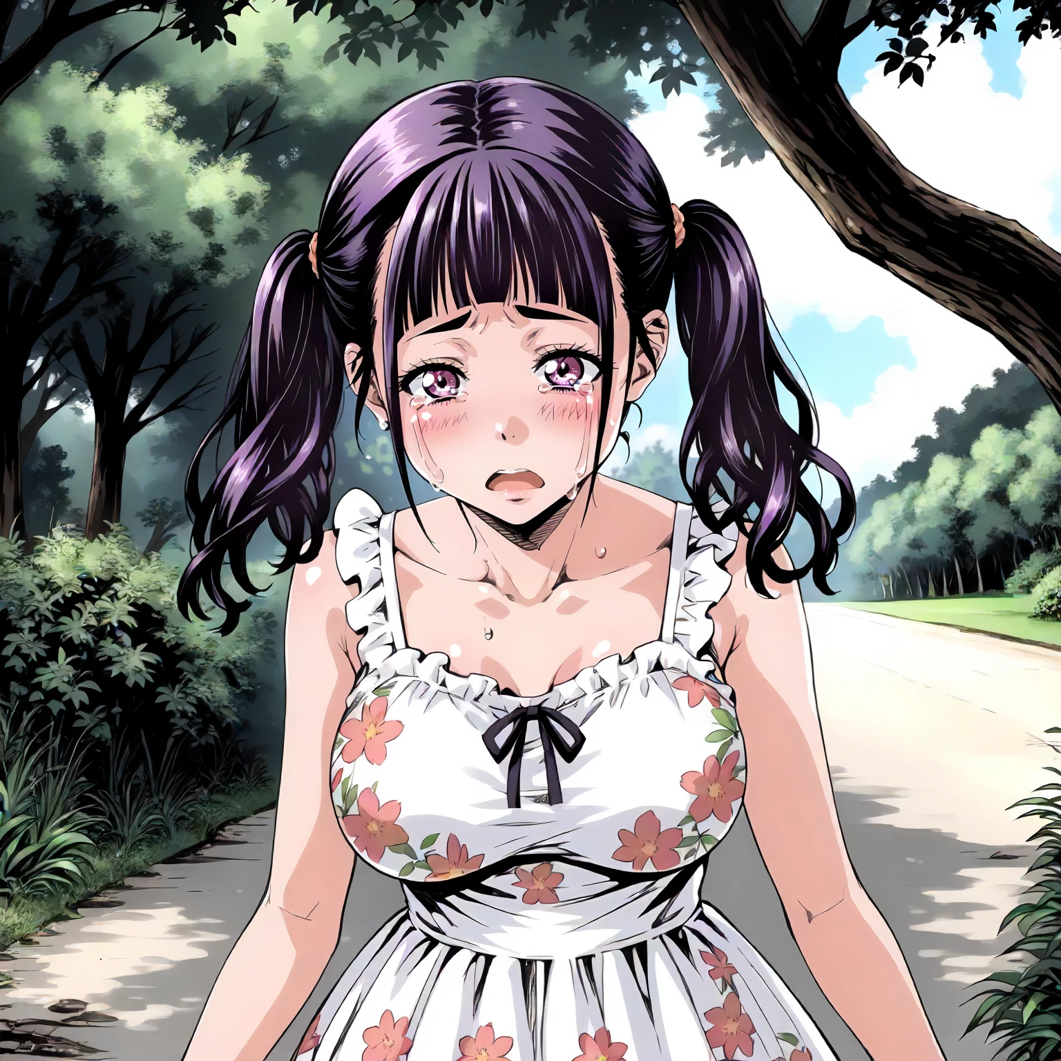 <lora:JdMnS_SanaXLpony001:0.8>,
outdoors,nature,
frustrated_brow,crying,open mouth,half-closed eyes,looking at viewer,
solo,
Sana,1girl,black -purple hair,twintails,purple eyes,
large breasts,
sundress,floral dress,sleeveless,