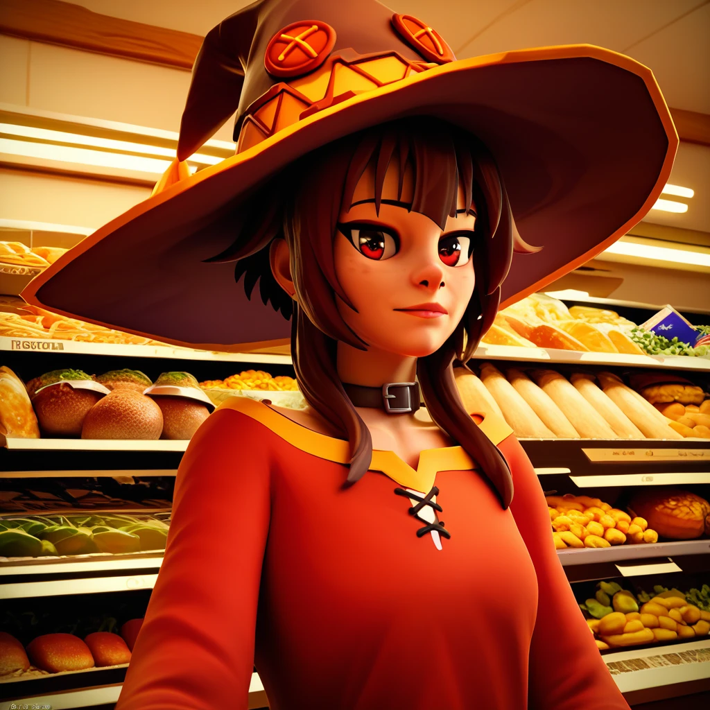 score_9, score_8_up, score_7_up, score_6_up, score_5_up, score_4_up, rating_safe, zPDXL2,source_3d,dazstyle,portrait of megumin wearing a dress and a witch hat in a grocery store,1girl,solo,indoors