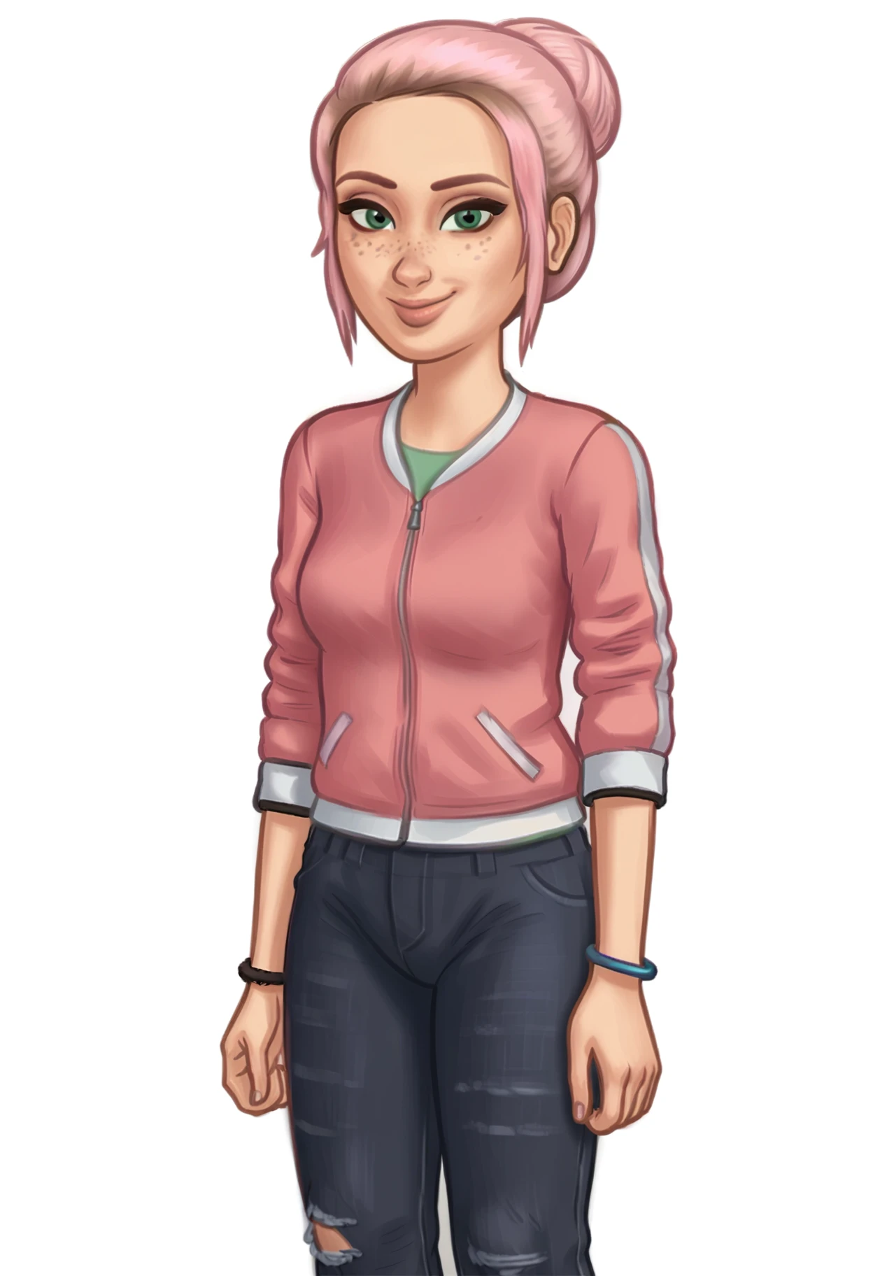 1girl, solo, Br00klynn, green eyes, freckles, pink hair, short hair, single hair bun, bracelet, pink jacket, black pants, denim, torn pants, sneakers, white footwear, <lora:Brooklynn - Camp Cretaceous-000010:1>,  looking at viewer, smile, <lora:SummertimeSagaXL_Pony Reupload:0.9> Drawn in the style of Summertime Saga, cowboy shot, standing, white background, simple background,