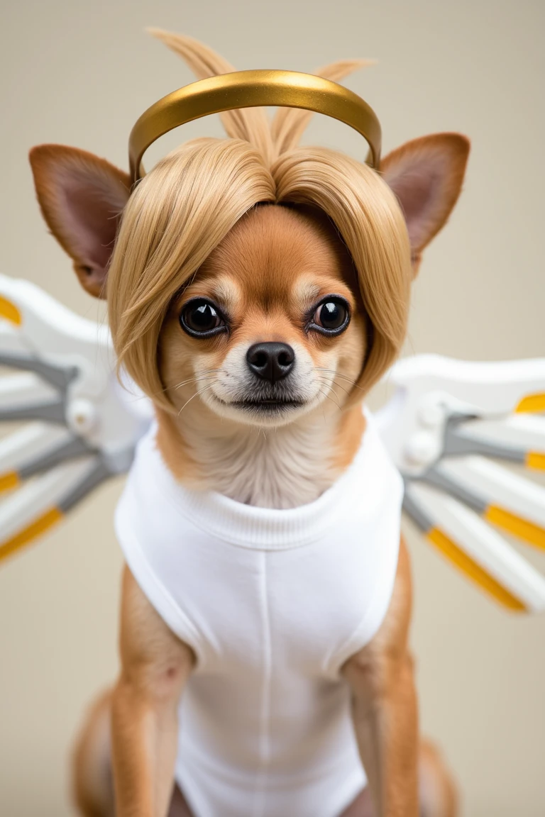 photo of a cute brown chihuahua dog with a an iconic hair wig, a golden halo and mechanical white wings with yellow blades, white bodysuit