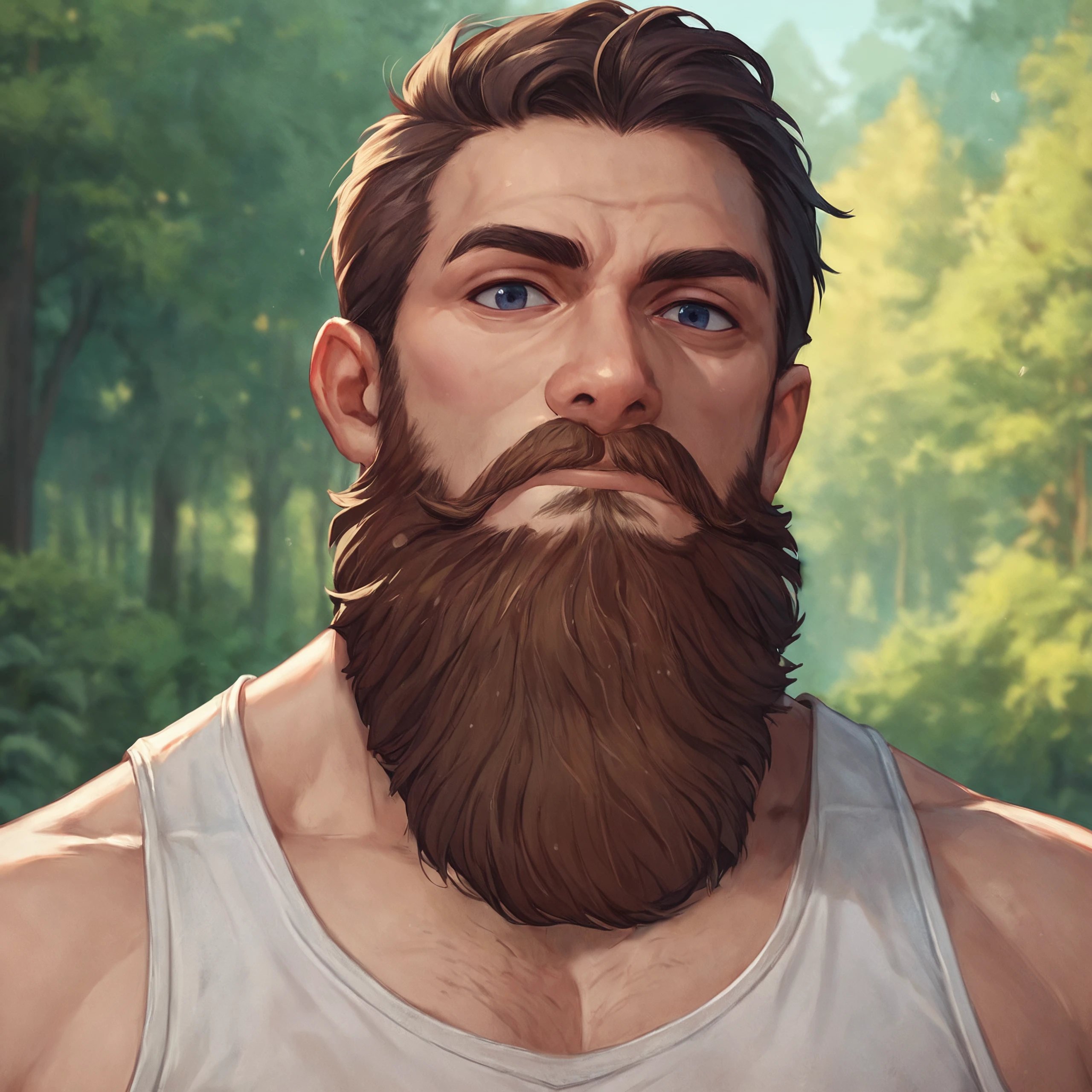 score_9, score_8_up, score_7_up, 1boy, rugged look, beard, facial hair, mustache, looking at viewer, tank top, upper body, focused gaze,
portrait, 
outdoors, forest, detailed environment