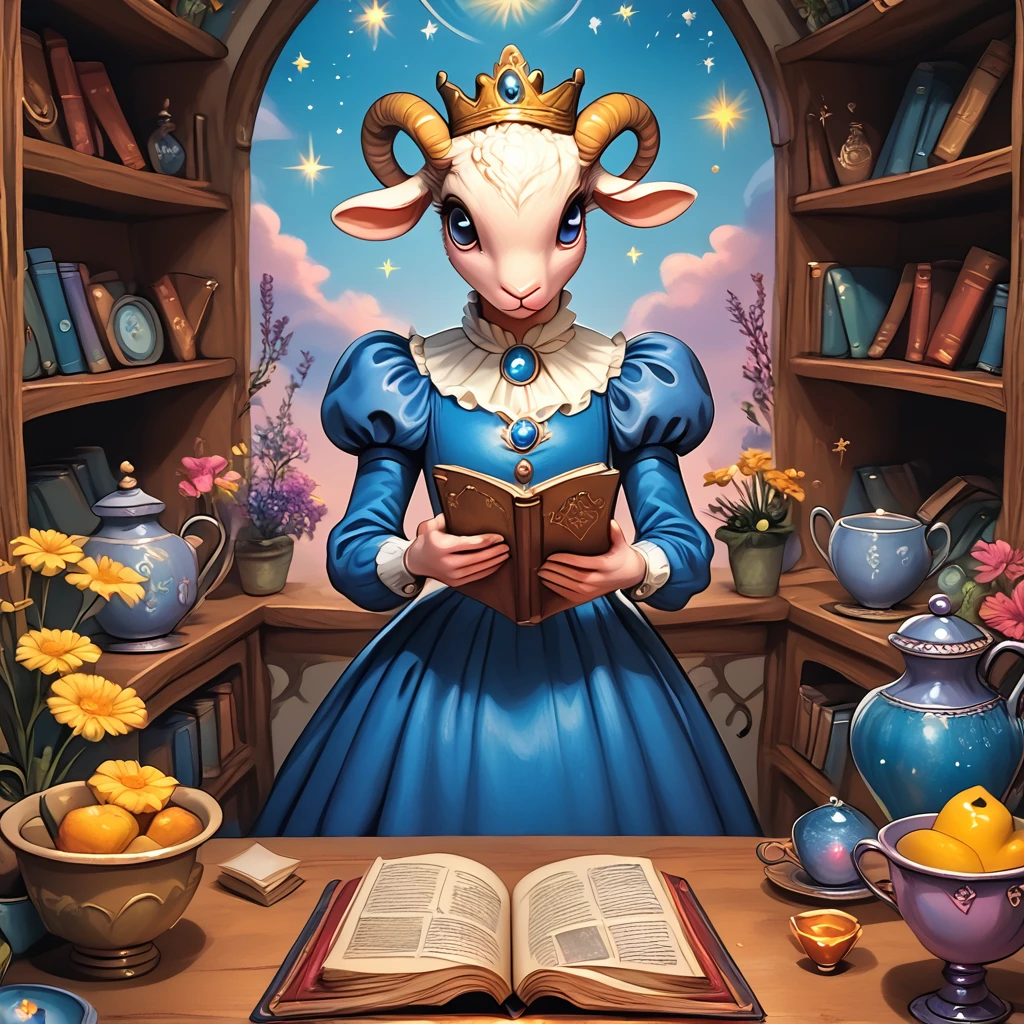 score_9, score_8_up, score_7_up, score_6_up, score_5_up, score_4_up, anthro , <lora:WonderlandPony_r1:1> ArsMJStyle, Wonderland, The image shows a painting of a sheep wearing a blue dress and a crown holding a book in its hands standing in front of a table with a cup saucer papers and other objects on it. To the left of the table is a flower pot with flowers and in the background there are shelves filled with books and other items., book, 1girl, curly hair, jewelry, solo, dress, puffy sleeves, horns, holding, blue dress, star (sky), long sleeves, teacup, shelf, flower