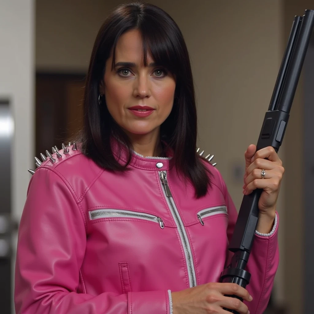 jennifer connelly, wearing a pink leather jacket with spikes in the shoulder sections and holding a shotgun in the right hand