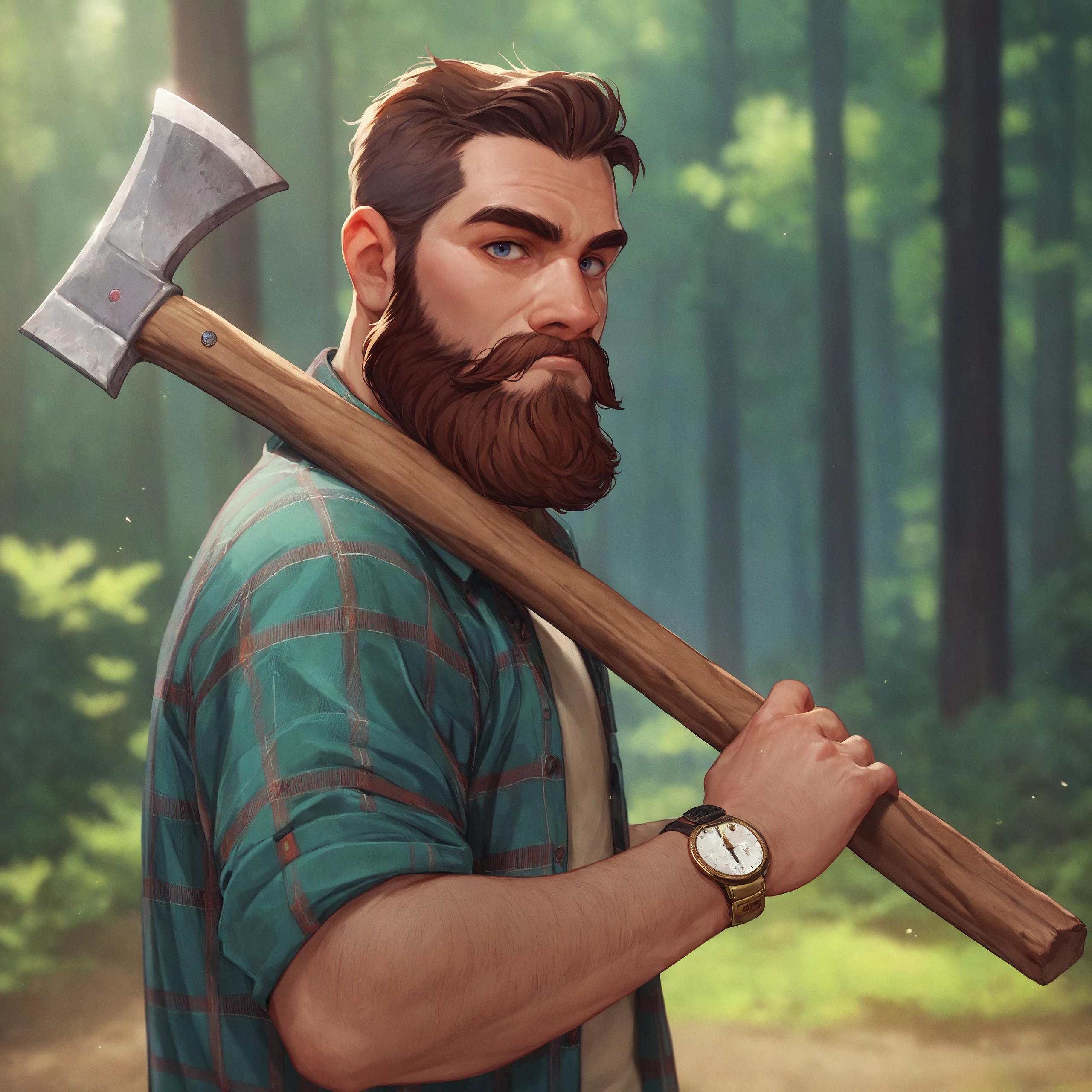 score_9, score_8_up, score_7_up, 1boy, rugged look, beard, facial hair, mustache, wrist watch, flannel shirt, looking at viewer, holding axe, lumberjack,
portrait, 
outdoors, forest, detailed environment,