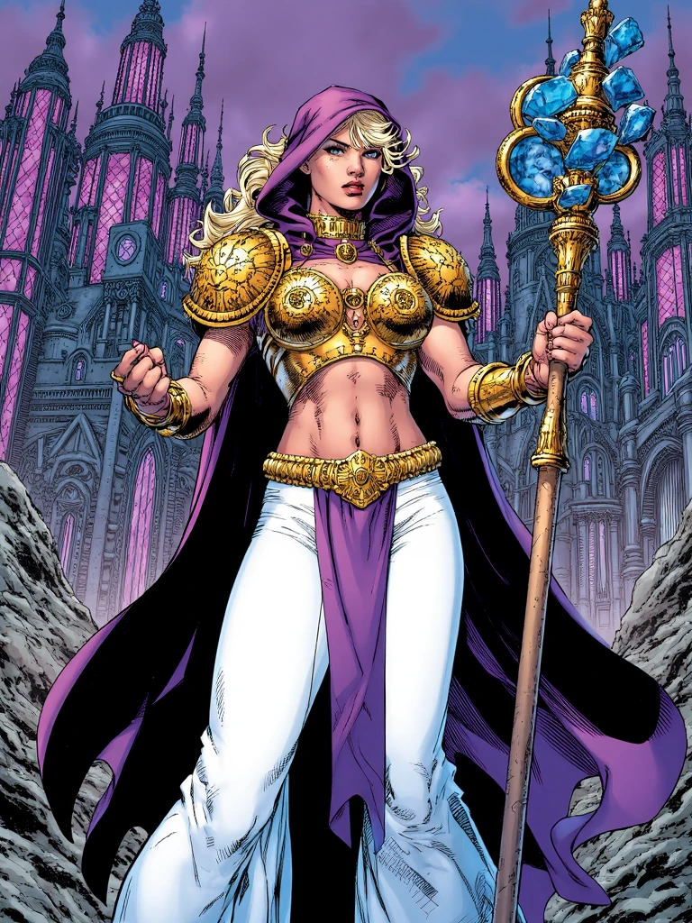 jimlee style, comicbook illustration, female sorceress wearing ornate cropped metal breastplate with purple hooded cloak with pauldrons, blonde hair with some streaks on shoulder, wide white pants with purple boots, golden edgs on whole outfit, she is holding ornate staff with blue crystal on top, ornate fantasy town with purple stained glass domes on top on background, <lora:sxz-Jim-Lee-Flux:1>