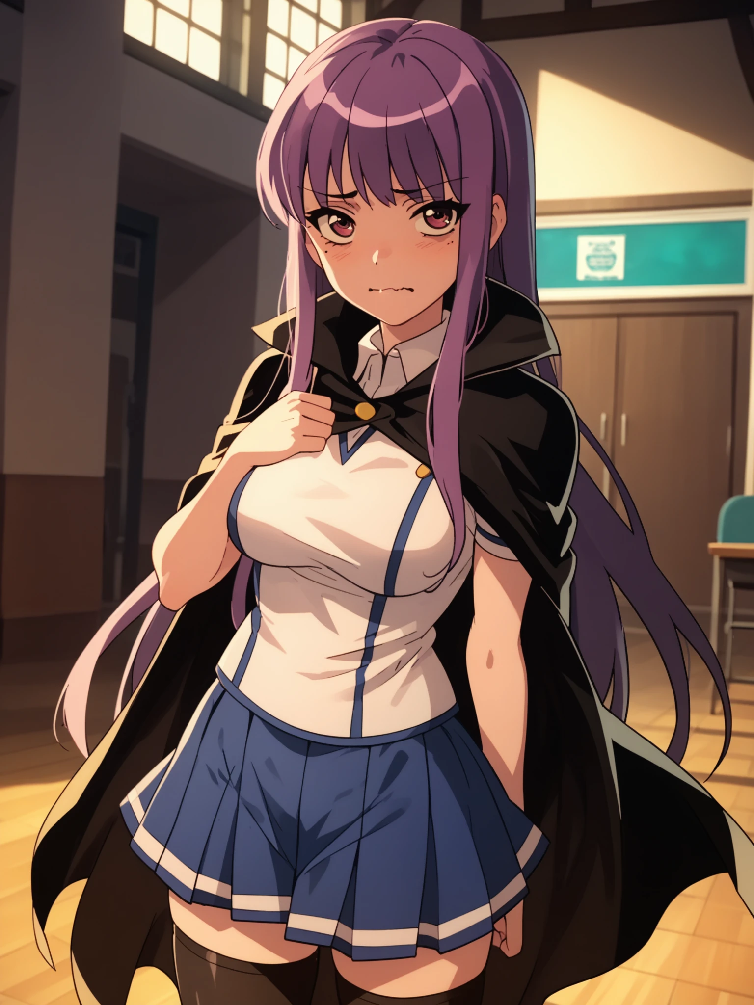 <lora:happy_tentacle-fujiko-v0.2-000030:1>, ht_fujiko, school uniform, black cape, blue skirt, black thighhighs, indoors , 1girl, solo, cowboy shot, thighs , , ((wavy mouth:0.8) :1), , looking at viewer , , facing viewer , score_9, score_8_up, score_7_up, score_6_up, score_5_up, score_4_up