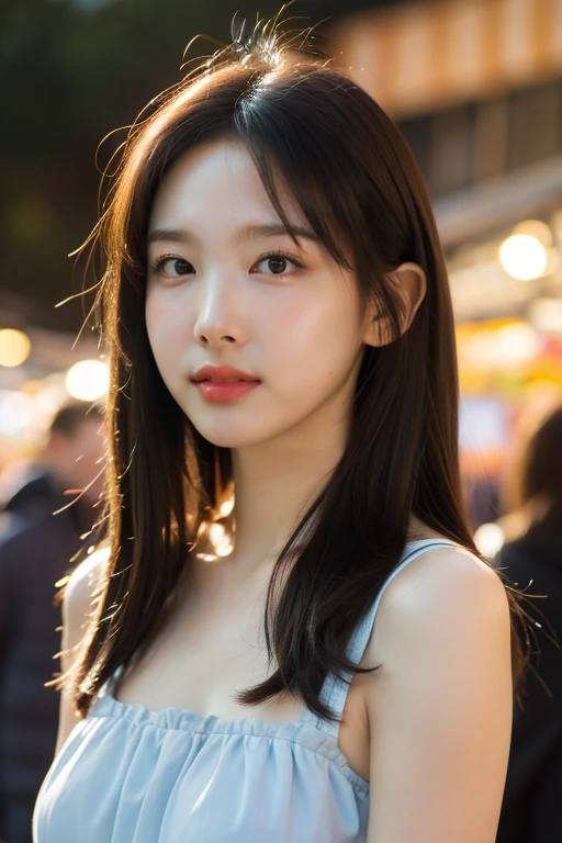 masterpiece, best quality, ultra-detailed, ultra high res, (photorealistic:1.4), raw photo, (realistic:0.2), 8k HDR, realistic lighting, looking at viewer, 1girl, solo, asymmetrical hair, outdoor, sky, (traditional market:1.2), bokeh, (detailed lips), (detailed pores), (detailed skin textures), (detailed face:1.2), (body:1.2), a woman portrait in a sundress, cowboy shot, thigh gap,