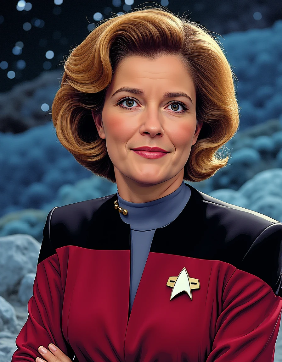 comic comic breathtaking  photo of  <lora:janeway-flux:0.8>   captain, kathryn, janeway, star, trek, voyager, with, shirt, uniform, starfleet uniform,40 years old  woman, futuristic background, space-themed imagery , cartoon, illustration, graphic novela . graphic illustration, comic art, graphic novel art, vibrant, highly detailed, graphic illustration, comic art, graphic novel art, vibrant, highly detailed