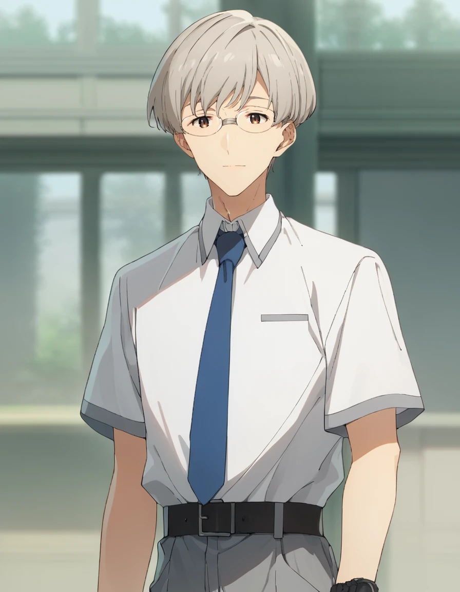 score_9, score_8_up, score_7_up, source_anime, BREAK
1boy, solo, looking at viewer, blurry background,
<lora:mitsuki_ayano_anime-soralz:1>,
mitsuki ayano, short hair, grey hair, glasses, brown eyes,
school uniform, white collared shirt, short sleeves, (wristwatch:0.7), blue necktie, belt, grey pants,