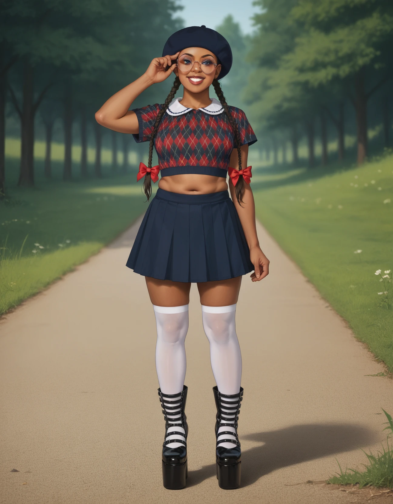 score_9, score_8_up, score_7_up, score_6_up, score_5_up, score_4_up, 1girl, solo, round eyewear, lipstick, makeup, twin braids, hud_n3rd, hat, crop top, midriff, skirt, full body, <lora:hud_n3rd_XLP:0.6>, outdoors, plump, dark-skinned female, smile, cleavage, thighhighs, platform footwear, noogie