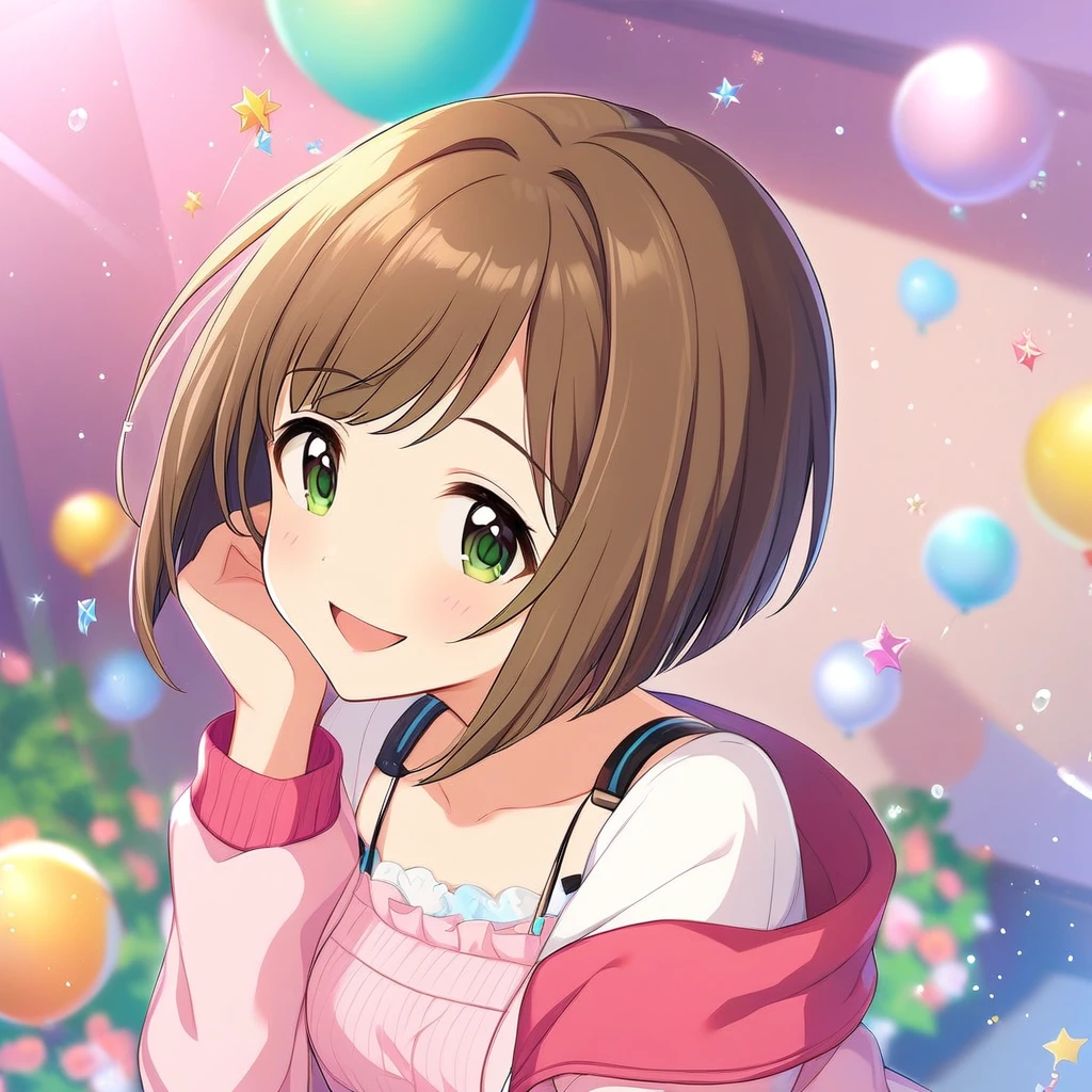 1girl, mekwmk,solo,short hair,brown hair,green eyes,maekawa miku,