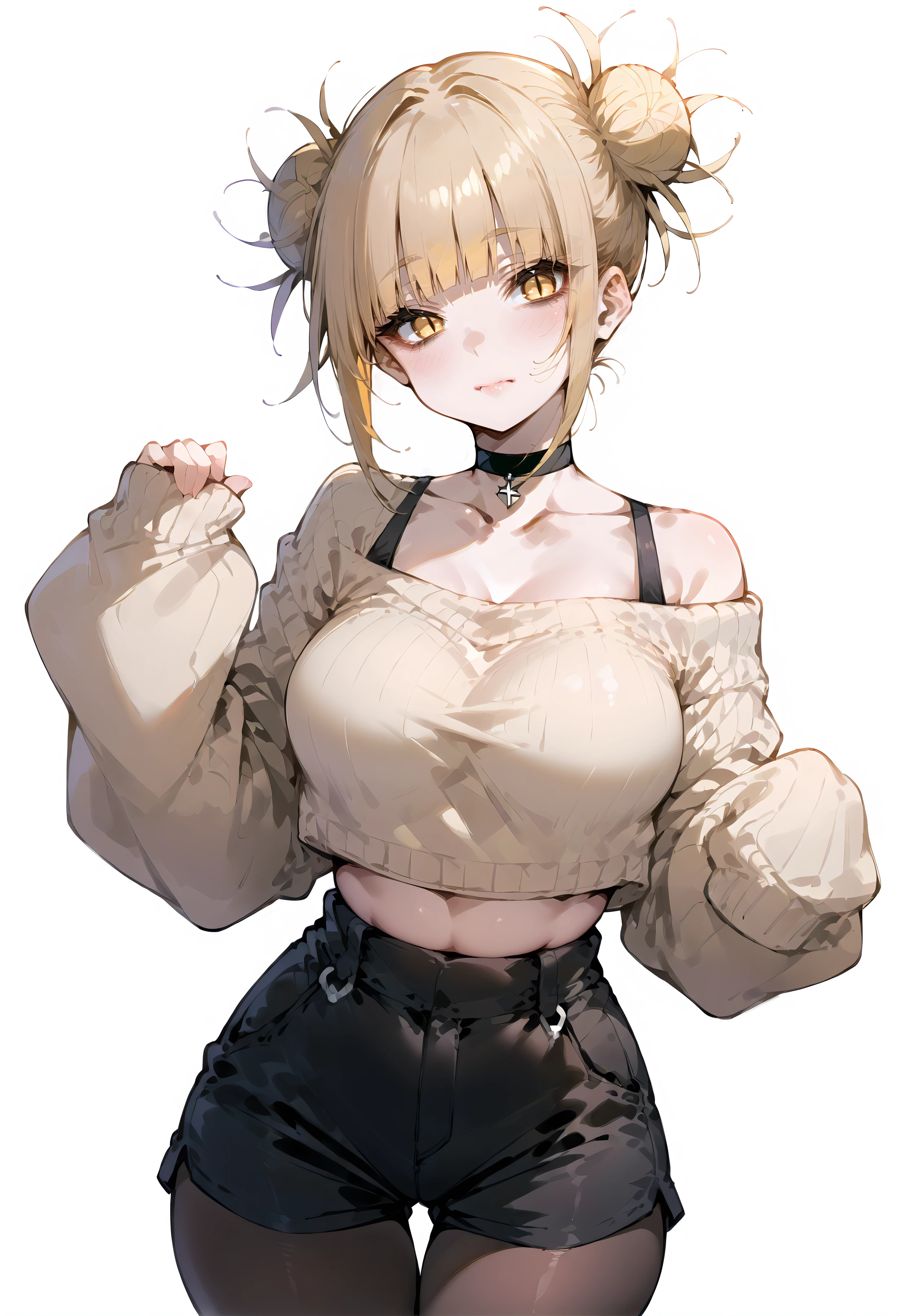 score_9, score_8_up, score_7_up, best quality, source_anime BREAK, white background,
1girl, solo, toga himiko, hair bun, double bun, shorts, pantyhose, blonde hair, high-waist shorts, choker, yellow eyes, sweater, white background, thigh gap, simple background, breasts, looking at viewer, black shorts, blush, blunt bangs, messy hair, sleeves past wrists, crop top, bags under eyes, cropped sweater, long sleeves, black choker, short shorts, closed mouth, collarbone, medium breasts, black pantyhose, sidelocks, off shoulder, slit pupils, midriff, alternate costume, cowboy shot, <lora:StuffyAI:1>