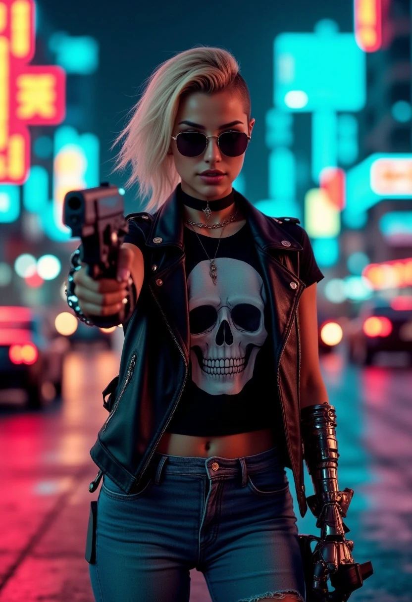 KarahWrightAI, a KarahWrightAI woman with blonde hair in an asymmetrical undercut with shaved sides of head hairstyle and blue eyes, wearing a tattered black leather vest and graphic t-shirt with a robot skull design and with distressed blue jeans and a choker and cool vintage cyberpunk sunglasses. She has cyberpunk robotic mechanical arms. She stands defiant aiming a futuristic handgun pistol at the viewer, seen from a dynamic angle from below. The background is filled with a cyberpunk city scene with neon lights, futuristic skyscrapers, and futuristic cars. The scene is at night with dynamic lighting and shadows, depicting an intense and dramatic cinematic scene of confrontation is the surreal cyberpunk setting.