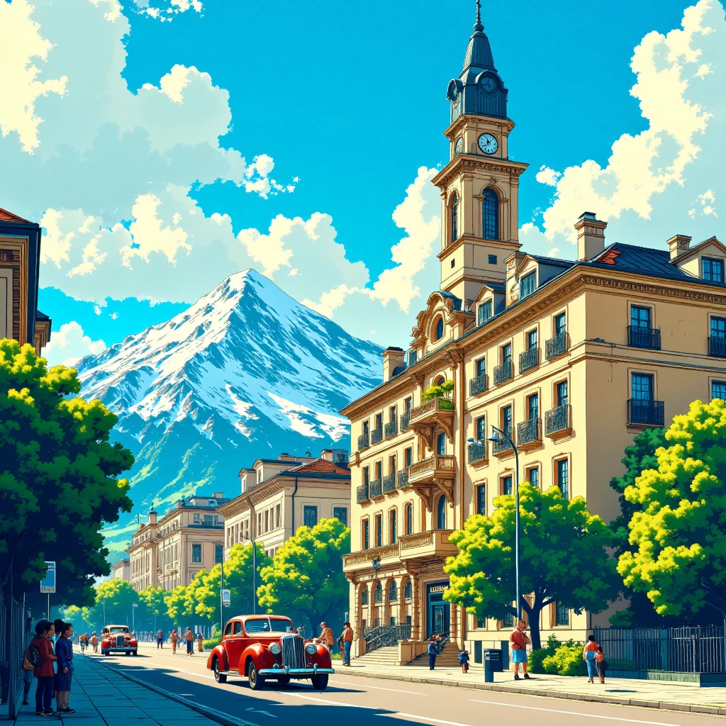 a digital illustration of a beautiful cityscape with a mountain in the background. The sky is blue with white clouds and the mountains are covered in snow. On the right side of the image, there is a large, ornate building with a clock tower on top. The building is beige in color and has multiple windows and balconies. In front of the building, there are two vintage cars parked on the street. The street is lined with trees and bushes, and there are a few people walking on the sidewalk. The overall atmosphere of the scene is peaceful and serene,in the v1v1d34m style,<lora:v1v1dr34m:1>,