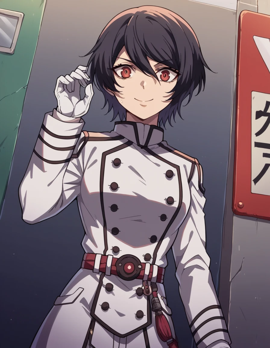 score_9, score_8_up, score_7_up, source_anime, <lora:akudama-apprentice-s1-ponyxl-lora-nochekaiser:1>, apprentice, short hair, black hair, red eyes, hair between eyes,, gloves, belt, white gloves, uniform, military, military uniform,, bus stop, waiting, commuter, smartphone, checking time, cold morning, smile, looking at viewer, solo,, cowboy shot, dutch angle