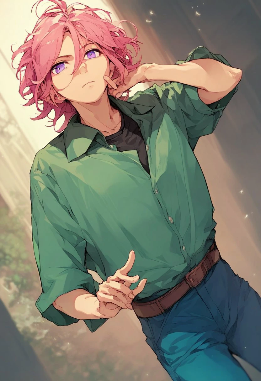 score_9, score_8_up, score_7_up, score_6_up, source_anime, solo,
---------------------
kohaku_oukawaXVI, pink hair, short hair, hair between eyes, ahoge, purple eyes
---------------------
green shirt, collared shirt, black undershirt, brown belt, blue pants