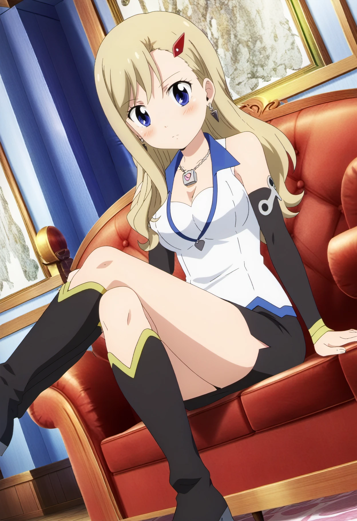 score_9, score_8, score_7, source_anime,BREAK, indoors,1girl,rebecca_bluegarden,long hair, blonde hair, jewerly, earrings, blue eyes, hair ornament, hairclip, necklace, detached sleeves, sleeveless top, skirt, heart necklace, black skirt,miniskirt,looking at viewer, :o, blush, sitting, crossed legs, boots, black footwear,sofa, dutch angle,<lora:Rebecca_Bluegarden_Edens_Zero_PonyXL__V1.0:0.9>