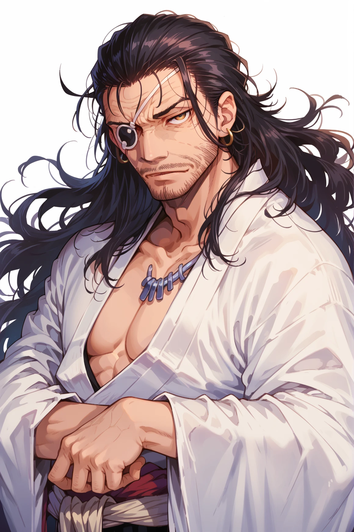 oda_nobunaga_\(drifters)\, facial hair, black hair, eyepatch, white kimono, black pants, japanese clothes, upper body, simple background, looking at viewer, <lora:oda_nobunaga-000019:0.85>, score_9, score_8_up, score_7_up, score_6_up