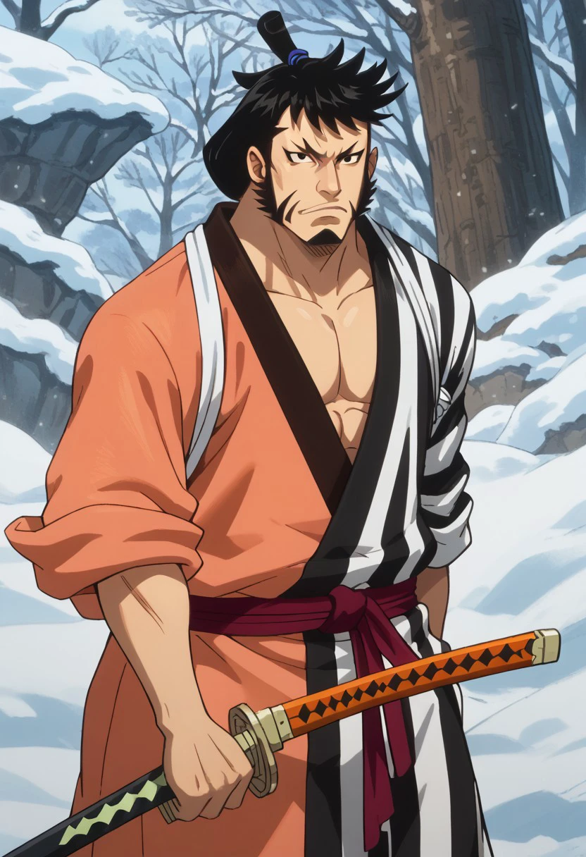 score_9, score_8_up, score_7_up, source_anime, rating_safe, KinemonOP, black_Kinemon_hair, black_Kinemon_facial hair, black_Kinemon_eyes, 1boy, male focus, anime screencap, orange_Kinemon_kimono, zebra striped print, white cloth straps, sleeves rolled up, holding sword, sheath, bicep, fighting stance, hands with five fingers,