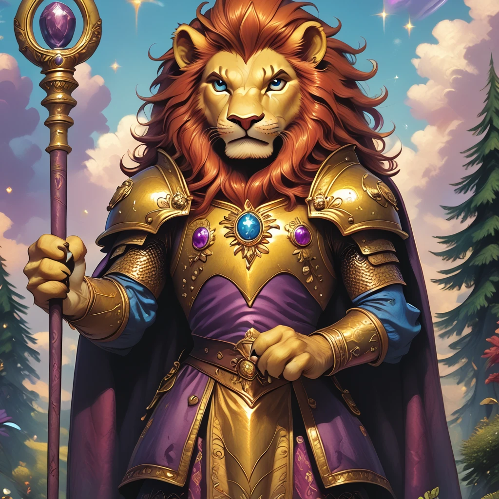 score_9, score_8_up, score_7_up, score_6_up, score_5_up, score_4_up,  <lora:WonderlandPony_r1:1> ArsMJStyle, Wonderland, The image shows a lion wearing a golden and purple dress holding a staff in its hand standing in front of a backdrop of trees and clouds in the sky., lion, armor, solo, cape, furry, lion ears, animal ears, male focus, blue eyes, gold armor, sky, 1boy, holding, staff, furry male