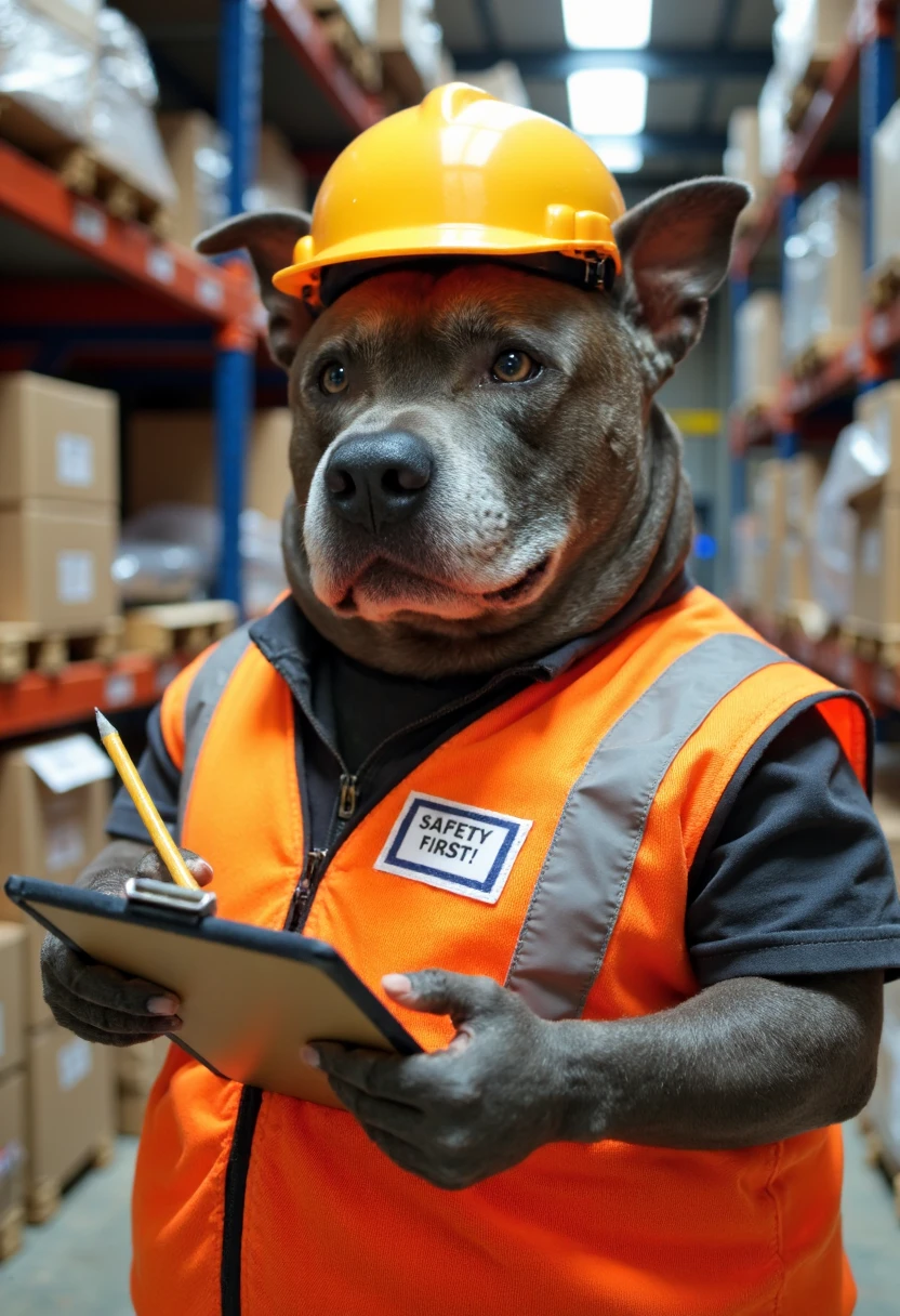 Malu Dog a plump safety inspector wearing a orange vest and a yellow hard hat, his name badge text reads SAFETY FIRST!, holding a clipboard and a pencil while inspecting a warehouse shipment, cinematic photo