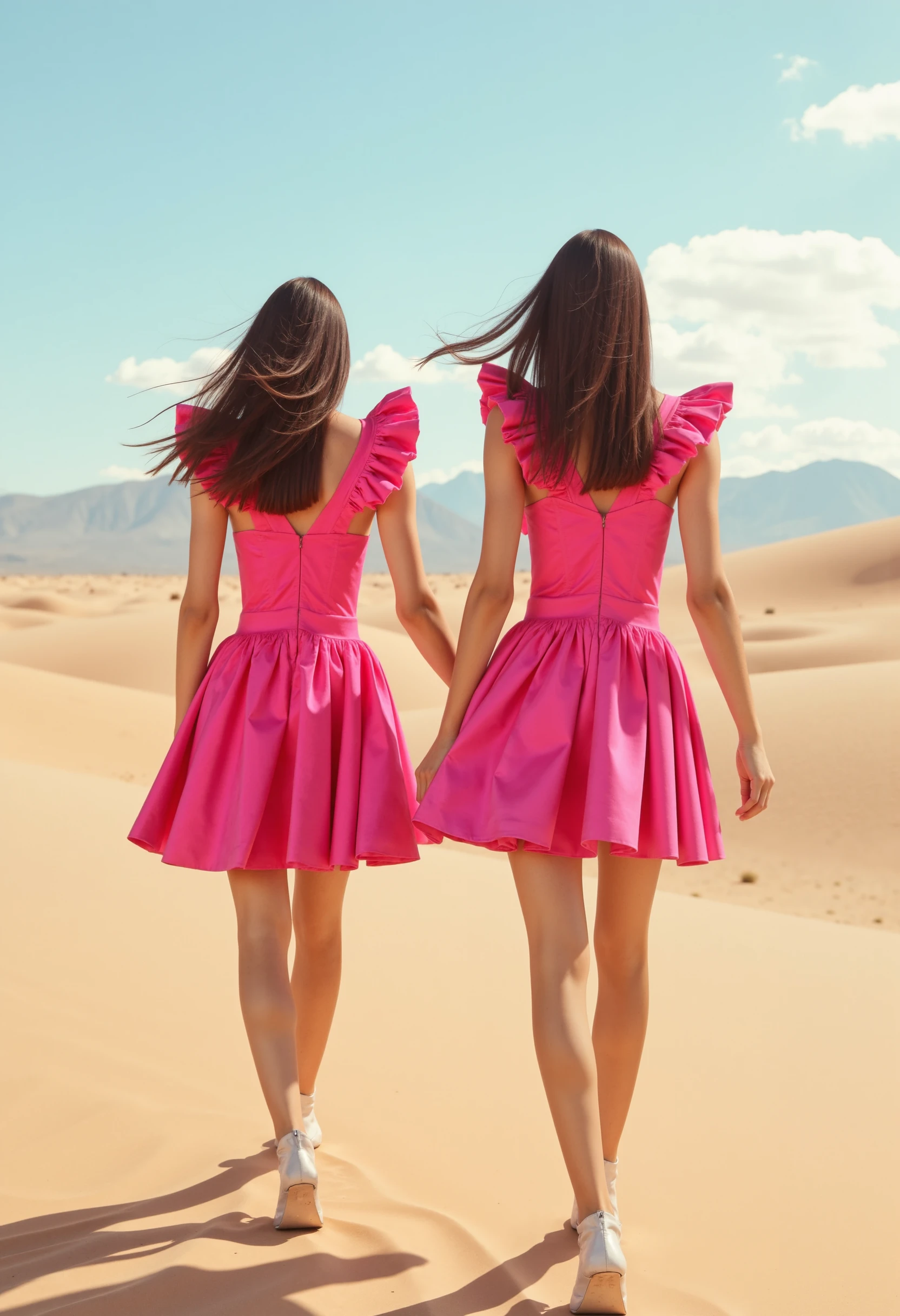 A high-fashion photograph capturing two models in motion, set against a vast, windswept desert landscape. Both models are seen from the backside, wearing striking Philipp Plein-inspired pink mini dress. The outfits feature short dresses with dramatic ruffle sleeves and corset-like bodices, emphasizing their elegant silhouettes, creating a dreamlike, ethereal atmosphere. , adding a sense of movement and grace to the scene. The overall mood is serene and whimsical, capturing the essence of high-end fashion in a dynamic and otherworldly environment