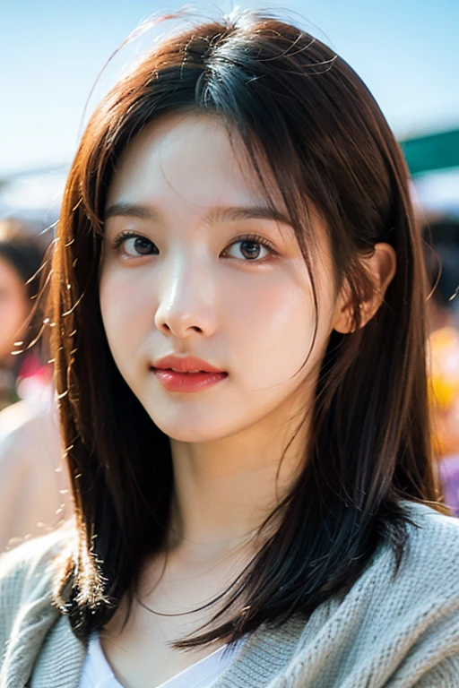 masterpiece, best quality, ultra-detailed, ultra high res, (photorealistic:1.4), raw photo, (realistic:0.2), 8k HDR, realistic lighting, looking at viewer, 1girl, solo, asymmetrical hair, outdoor, sky, (traditional market:1.2), bokeh, (detailed lips), (detailed pores), (detailed skin textures), (detailed face:1.2), (body:1.2), a woman portrait in a cardigan, cowboy shot,