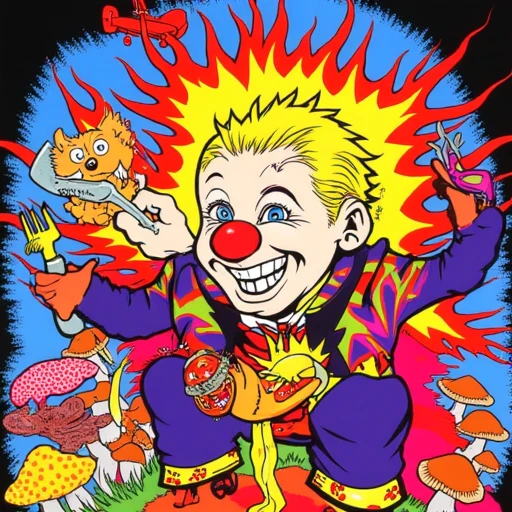 rollerskate, suit, evil smile, devil horns, contrast, teeth, earrings, makeup, purple jacket, mushrooms, A blonde boy in a red and yellow shirt, tattered, meat cleaver, bullet holes, A clown holding a fork and knife eating an anthropomorphic hot dog with his orange mouse friend. The clown is radiating heat flames and energy., hybrid, pigtails, red biplane